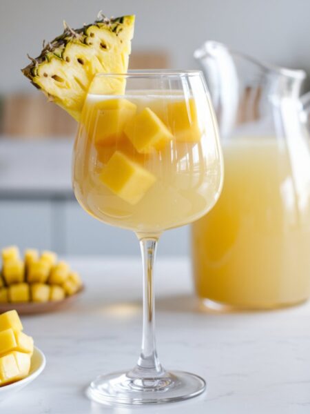 A glass of Tropical White Sangria with mango slices and a pineapple garnish, set against a bright, summery backdrop. The drink is golden and bubbly, with condensation on the glass for a refreshing look.