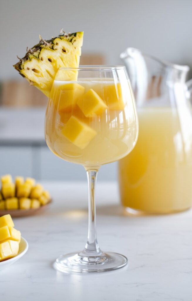 A glass of Tropical White Sangria with mango slices and a pineapple garnish, set against a bright, summery backdrop. The drink is golden and bubbly, with condensation on the glass for a refreshing look.