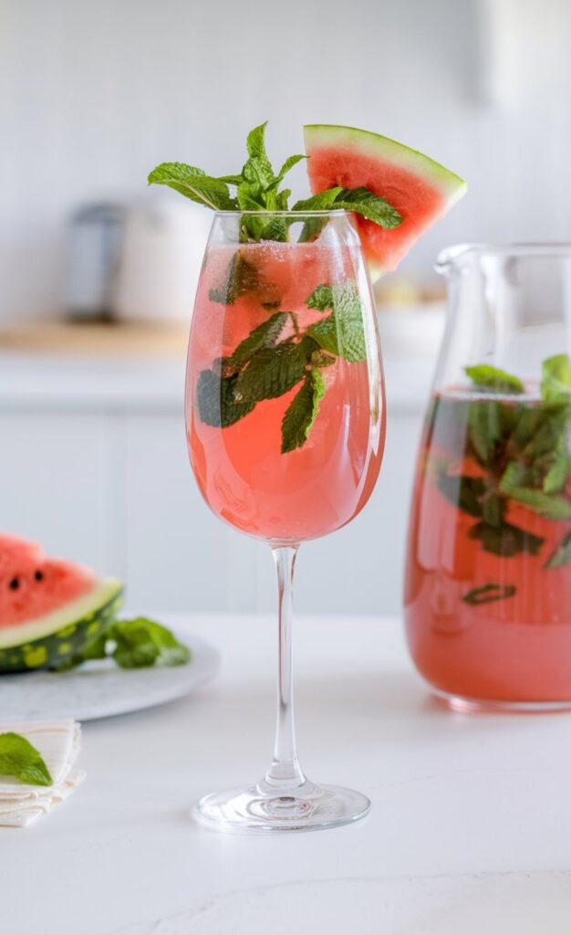 A glass of Watermelon Mint Sangria with fresh mint leaves and a watermelon wedge garnish, set against a bright, minimal white kitchen with a white countertop. A pitcher of sangria sits in the background, filled with vibrant pink sangria and floating mint leaves. The drink is crisp and bubbly, with condensation on the glass for a refreshing look.