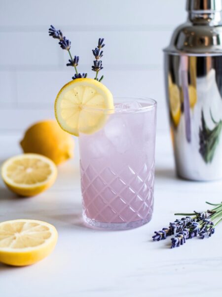 A refreshing Lavender Lemon Collins served in a tall glass over ice, garnished with a lemon slice and a sprig of lavender. The pale purple hue of the drink contrasts beautifully against a bright, minimal white kitchen background.