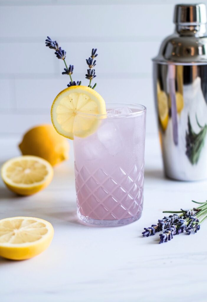 A refreshing Lavender Lemon Collins served in a tall glass over ice, garnished with a lemon slice and a sprig of lavender. The pale purple hue of the drink contrasts beautifully against a bright, minimal white kitchen background.