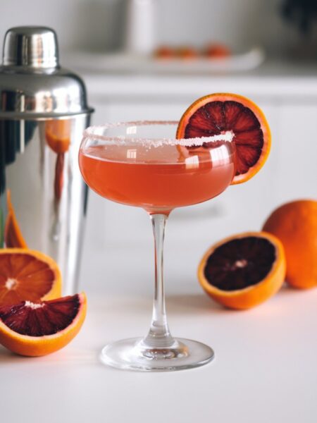 A stunning Blood Orange Lemon Drop Martini served in a sugar-rimmed martini glass, garnished with a blood orange slice. The cocktail has a deep reddish-orange hue and is placed against a clean, minimal white kitchen background with bright natural lighting.