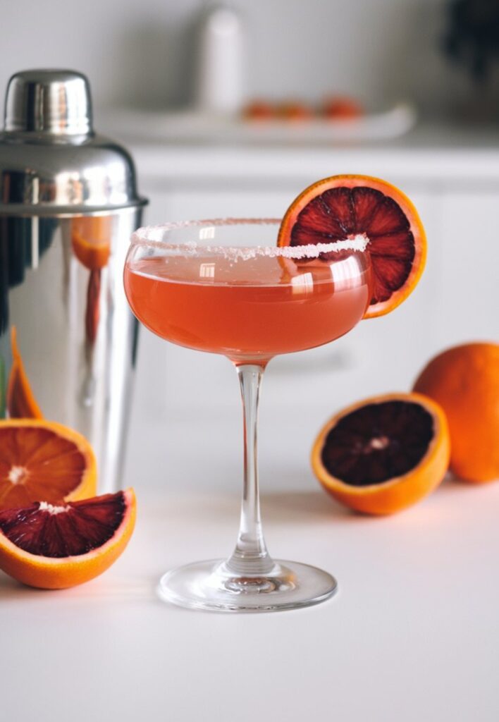 A stunning Blood Orange Lemon Drop Martini served in a sugar-rimmed martini glass, garnished with a blood orange slice. The cocktail has a deep reddish-orange hue and is placed against a clean, minimal white kitchen background with bright natural lighting.