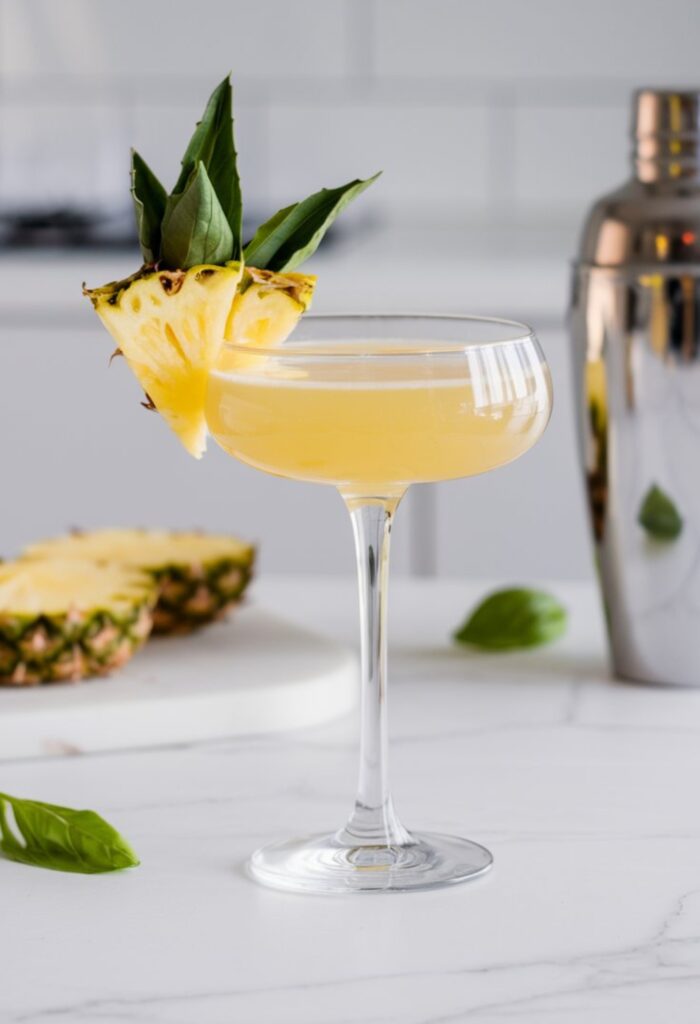 A bright and refreshing Pineapple Basil Martini served in a chilled martini glass, garnished with a fresh basil leaf and a small pineapple wedge. The drink has a golden hue and is set against a clean, minimal white kitchen background with soft natural lighting.