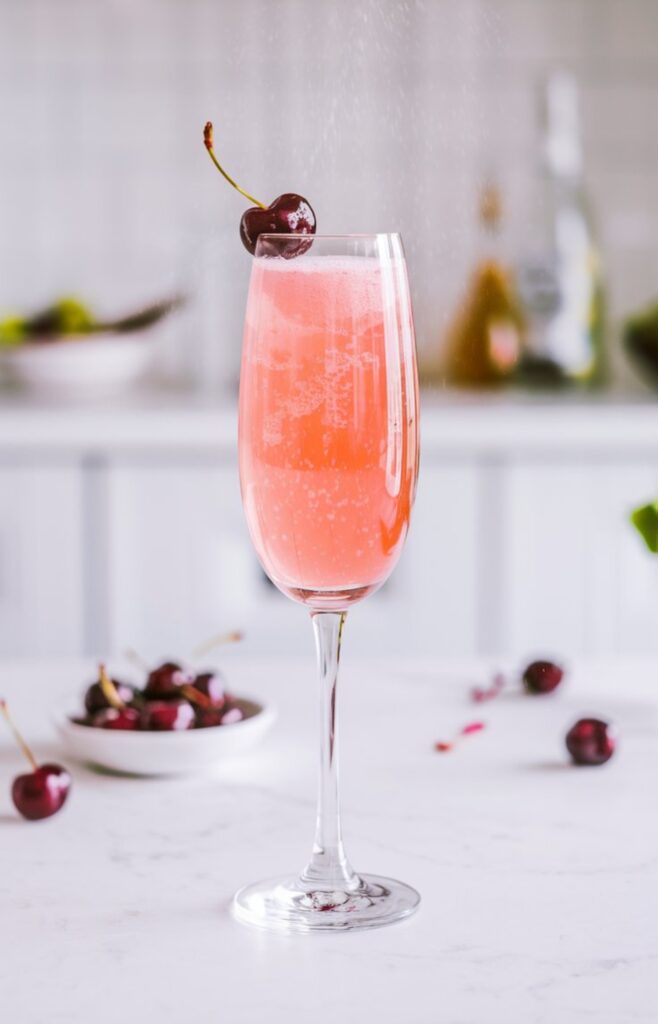 A Cherry Blossom Bellini served in a champagne flute with a soft pink hue, topped with bubbles and a fresh cherry garnish