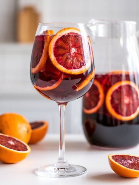 A glass of Blood Orange Red Wine Sangria with fresh orange slices and a deep red hue, set against a bright, minimal white kitchen with a white countertop. A pitcher of sangria sits in the background, filled with the same rich red sangria and floating orange slices. The drink has a vibrant, citrusy appearance, with condensation on the glass for a refreshing look.