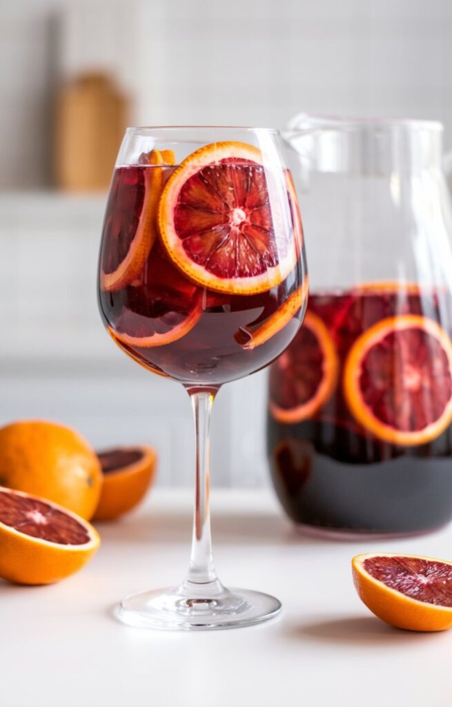 A glass of Blood Orange Red Wine Sangria with fresh orange slices and a deep red hue, set against a bright, minimal white kitchen with a white countertop. A pitcher of sangria sits in the background, filled with the same rich red sangria and floating orange slices. The drink has a vibrant, citrusy appearance, with condensation on the glass for a refreshing look.