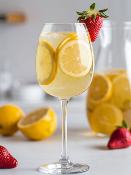 A glass of Limoncello Sangria with fresh strawberries and lemon slices, set against a bright, minimal white kitchen with a white countertop. A pitcher of sangria sits in the background, filled with the same golden sangria and floating citrus slices. The drink has a light, bubbly appearance, with condensation on the glass for a refreshing look.