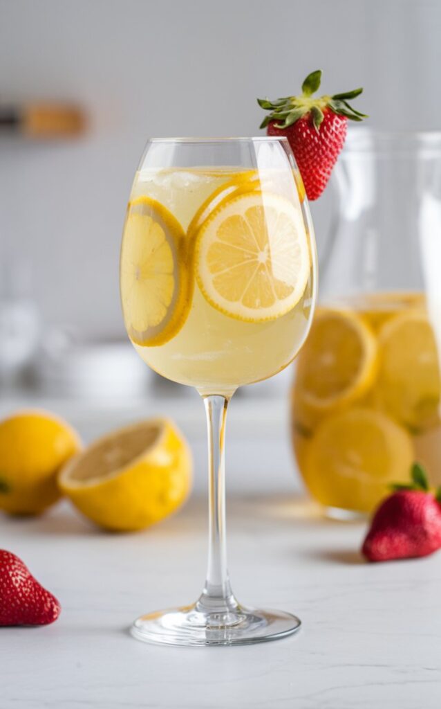 A glass of Limoncello Sangria with fresh strawberries and lemon slices, set against a bright, minimal white kitchen with a white countertop. A pitcher of sangria sits in the background, filled with the same golden sangria and floating citrus slices. The drink has a light, bubbly appearance, with condensation on the glass for a refreshing look.