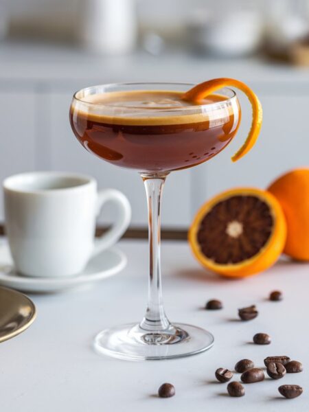 A glass of Blood Orange Espresso Martini with a foamy top and an orange twist garnish, set against a bright, minimal white kitchen with a white countertop. The drink has a deep, rich coffee color with a hint of citrus. A small espresso cup and coffee beans sit nearby for a stylish touch.