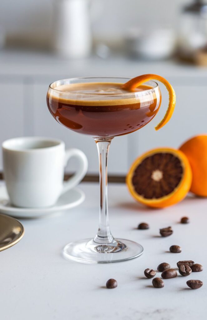 A glass of Blood Orange Espresso Martini with a foamy top and an orange twist garnish, set against a bright, minimal white kitchen with a white countertop. The drink has a deep, rich coffee color with a hint of citrus. A small espresso cup and coffee beans sit nearby for a stylish touch.