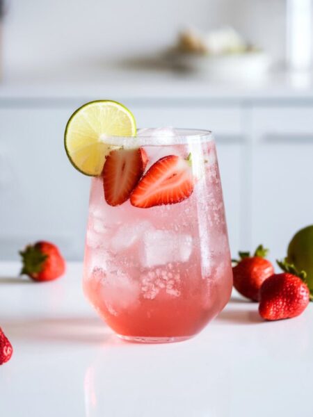 A refreshing glass of Coconut Water Strawberry Spritz with ice, garnished with fresh strawberries and a lime wedge. The drink has a light pink hue with tiny bubbles rising to the surface.