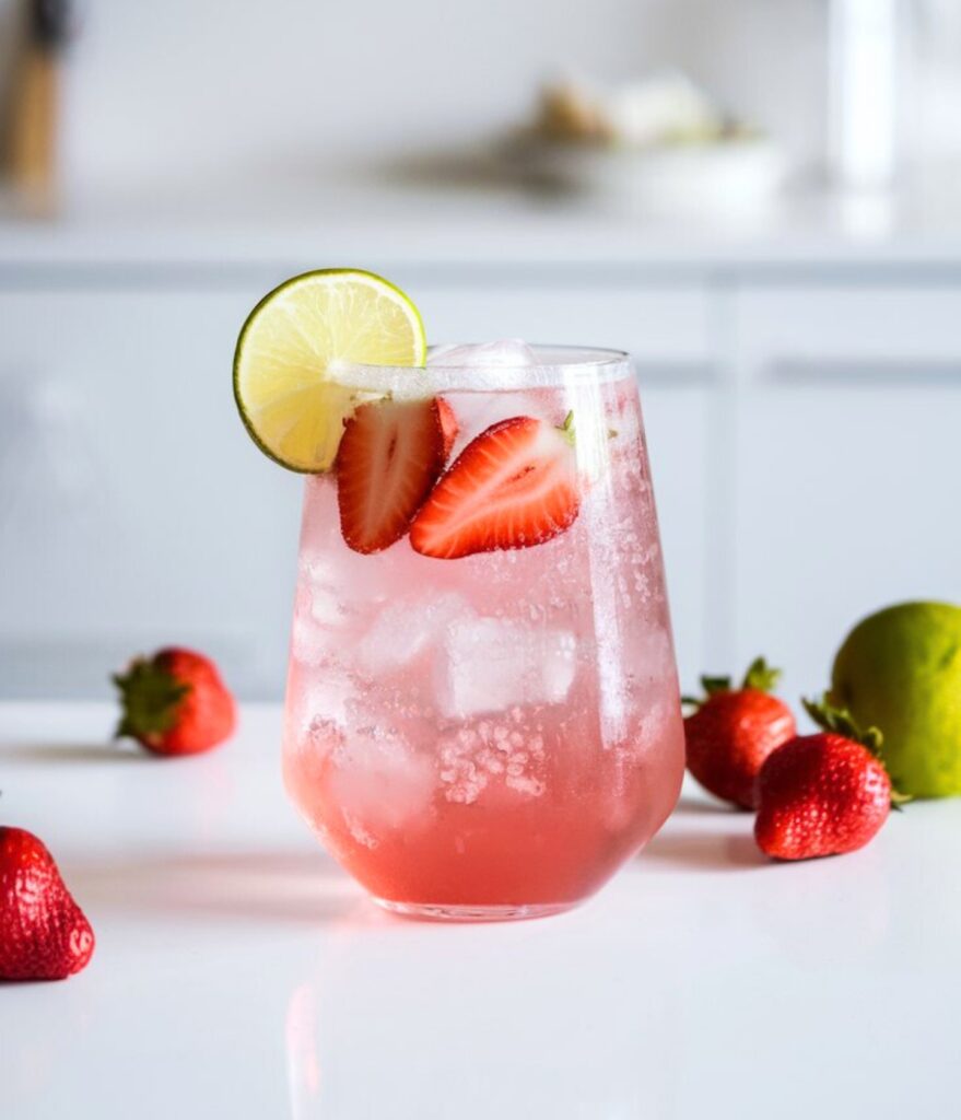 A refreshing glass of Coconut Water Strawberry Spritz with ice, garnished with fresh strawberries and a lime wedge. The drink has a light pink hue with tiny bubbles rising to the surface.