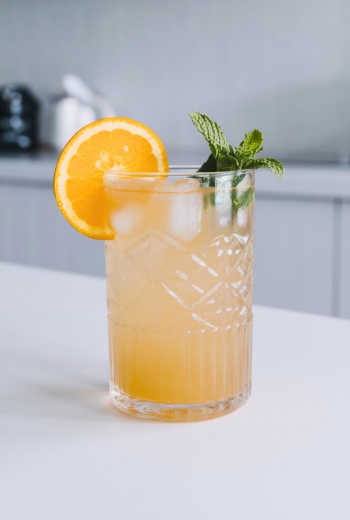 A refreshing glass of Coconut Citrus Refresher with ice, garnished with an orange slice and mint. The drink has a golden hue with a light, tropical glow.