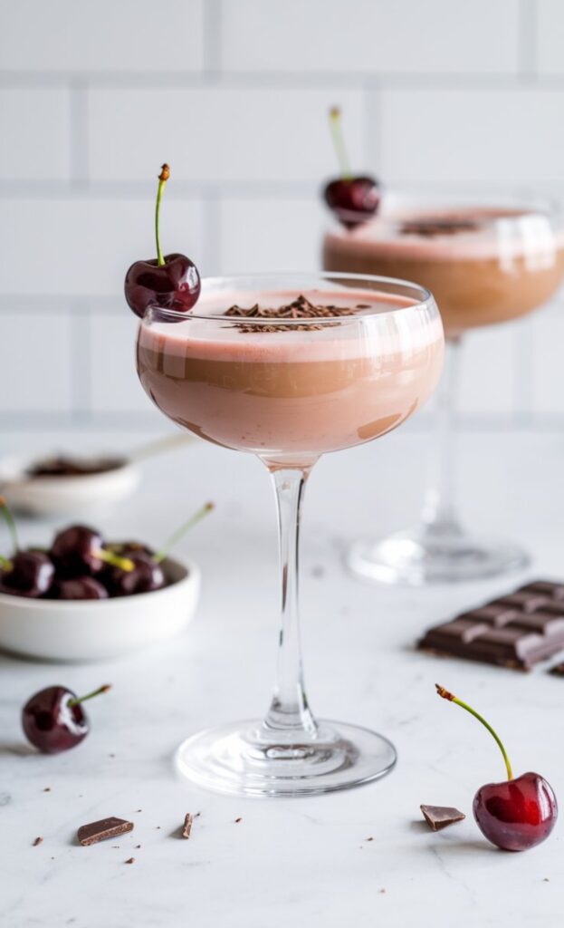 A Cherry Almond Kiss Mocktini in a chilled martini glass, garnished with a fresh cherry and chocolate shavings. The drink has a soft pink hue and smooth texture.