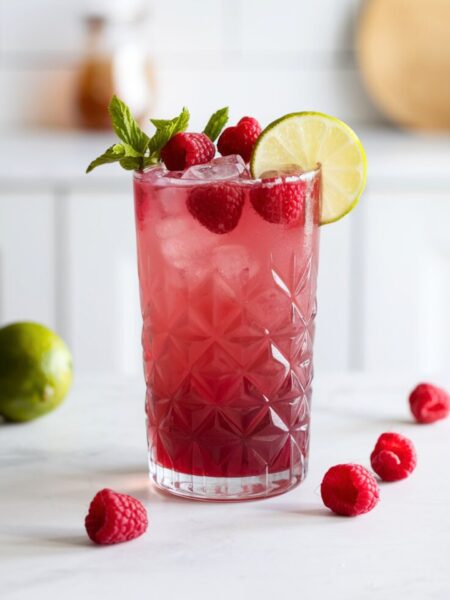 A refreshing glass of Raspberry Hibiscus Cooler with ice, garnished with fresh raspberries and a lime wedge. The drink has a deep ruby-red hue with a smooth, vibrant glow.