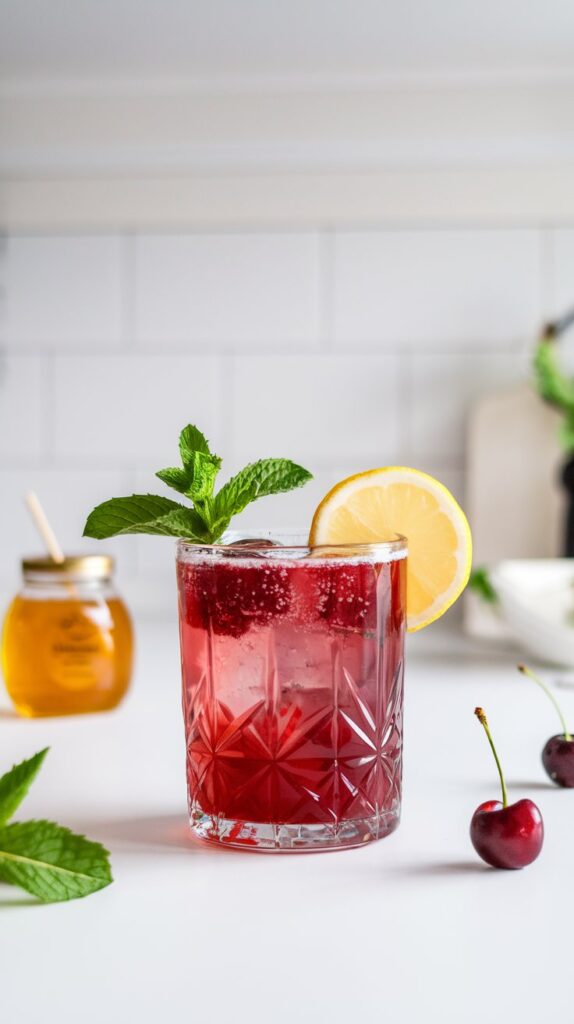 A vibrant glass of Berry Calm Cortisol Mocktail with a deep red hue, garnished with fresh mint and a lemon slice, served over ice in a tall glass with bubbles rising to the surface.