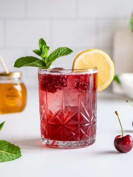 A vibrant glass of Berry Calm Cortisol Mocktail with a deep red hue, garnished with fresh mint and a lemon slice, served over ice in a tall glass with bubbles rising to the surface.