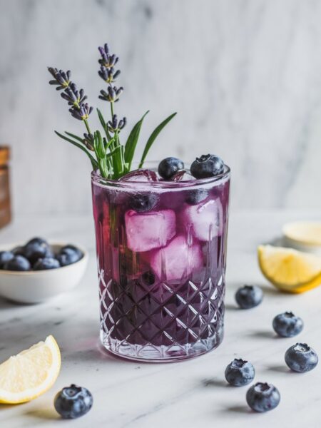 A vibrant Blueberry Lavender Gin Smash served in a clear glass, garnished with a sprig of fresh lavender and whole blueberries, perfect for summer sipping.