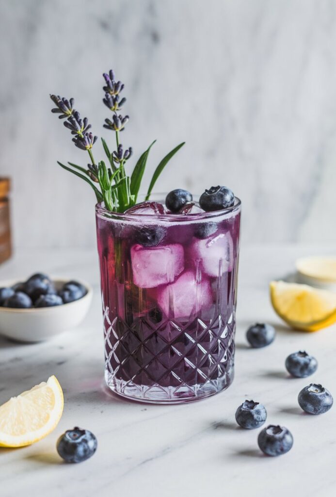 A vibrant Blueberry Lavender Gin Smash served in a clear glass, garnished with a sprig of fresh lavender and whole blueberries, perfect for summer sipping.