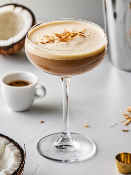 A creamy Coconut Espresso Martini served in a martini glass, topped with toasted coconut flakes. The drink has a rich, smooth texture and tropical vibe, perfect for summer cocktails.