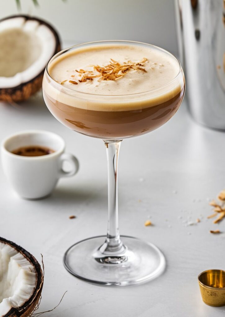 A creamy Coconut Espresso Martini served in a martini glass, topped with toasted coconut flakes. The drink has a rich, smooth texture and tropical vibe, perfect for summer cocktails.