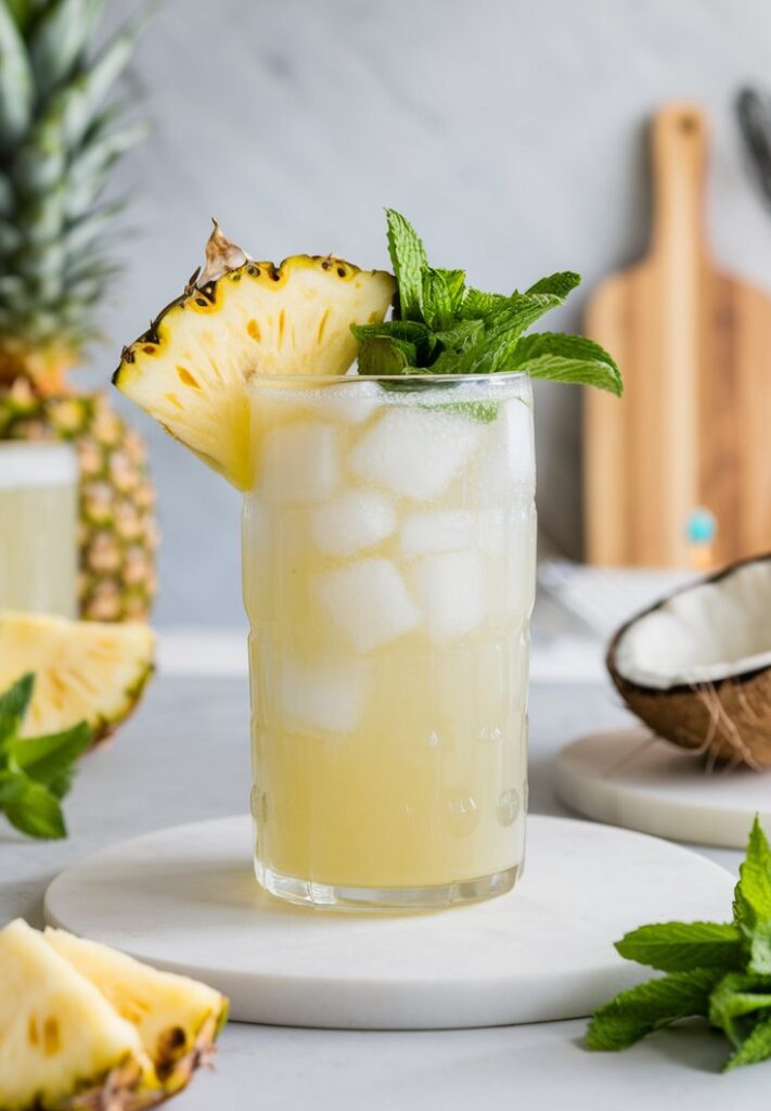 A refreshing Coconut Water Pineapple Cooler served in a tall glass with ice, garnished with a pineapple wedge and mint, perfect for hot summer days.