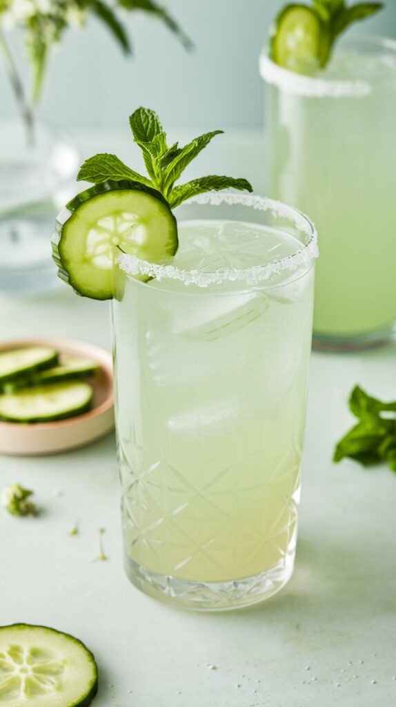 A refreshing Cucumber Elderflower Gin Fizz served in a tall glass with a cucumber wheel on the rim and a mint sprig garnish, perfect for summer.