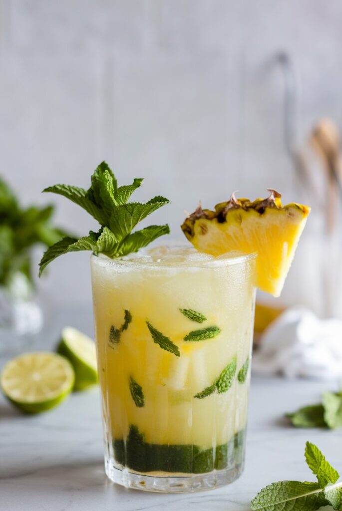 A frosty Frozen Pineapple Mojito served in a chilled glass, garnished with a fresh mint sprig and pineapple wedge, perfect for summer sipping.