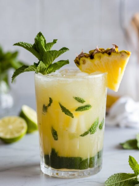 A frosty Frozen Pineapple Mojito served in a chilled glass, garnished with a fresh mint sprig and pineapple wedge, perfect for summer sipping.