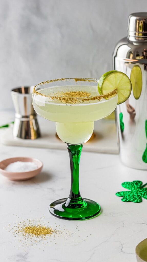 A golden margarita with a shimmering finish, served in a salt-rimmed glass with a lime wedge garnish.