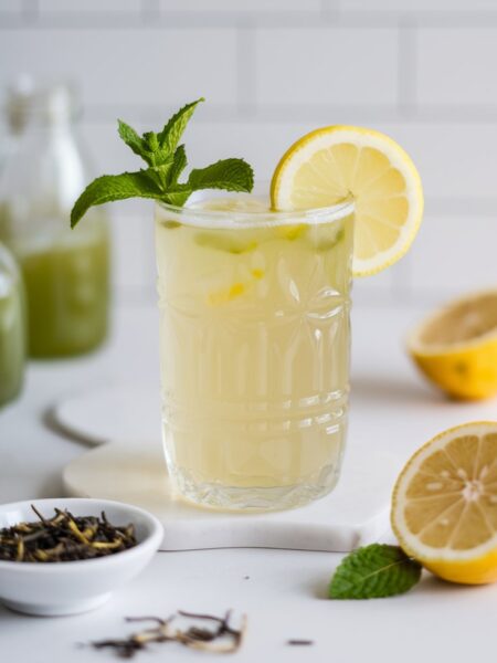 A vibrant glass of Green Tea Lemon Detox Tonic served over ice in a tall glass with a light golden hue. The drink is garnished with a fresh lemon slice and mint sprig, with condensation on the glass for a refreshing look.