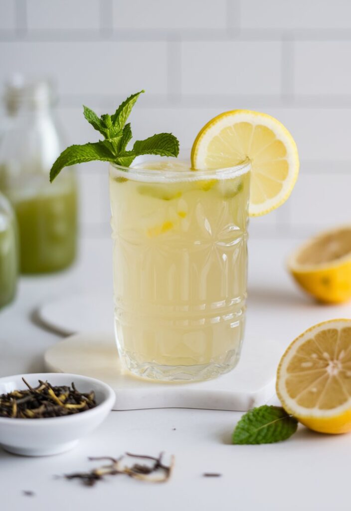 A vibrant glass of Green Tea Lemon Detox Tonic served over ice in a tall glass with a light golden hue. The drink is garnished with a fresh lemon slice and mint sprig, with condensation on the glass for a refreshing look.