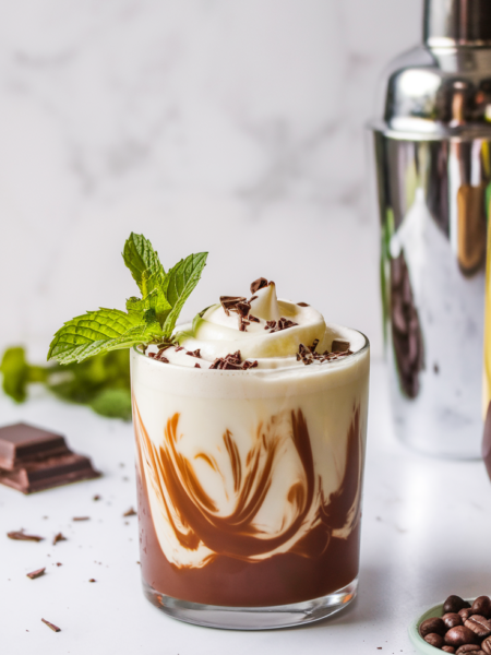 A creamy Mint Chocolate White Russian cocktail, served over ice in a rocks glass, topped with whipped cream and chocolate shavings.