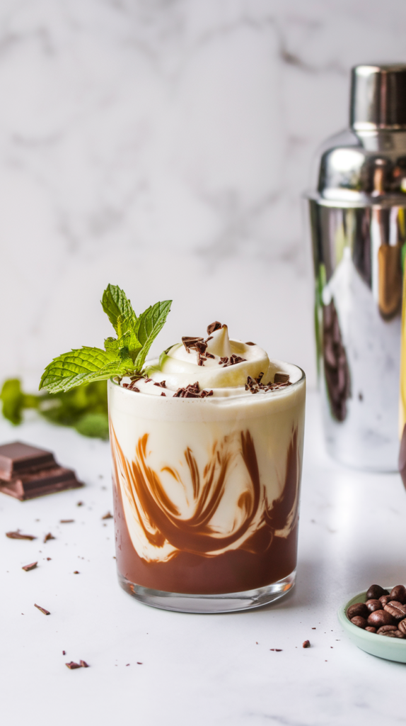 A creamy Mint Chocolate White Russian cocktail, served over ice in a rocks glass, topped with whipped cream and chocolate shavings.