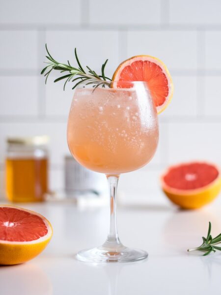 A vibrant glass of Natural Ozempic Stress Buster mocktail with a soft pink hue, served in a tall glass over ice. The drink is garnished with a fresh rosemary sprig and a grapefruit slice, with delicate bubbles rising to the top.