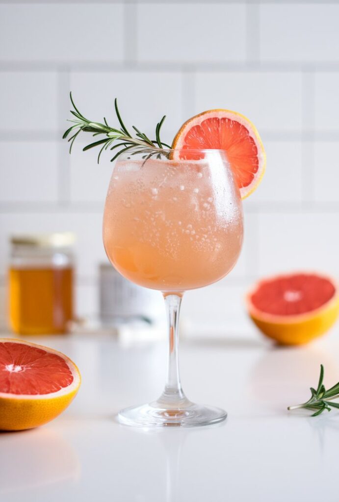 A vibrant glass of Natural Ozempic Stress Buster mocktail with a soft pink hue, served in a tall glass over ice. The drink is garnished with a fresh rosemary sprig and a grapefruit slice, with delicate bubbles rising to the top.