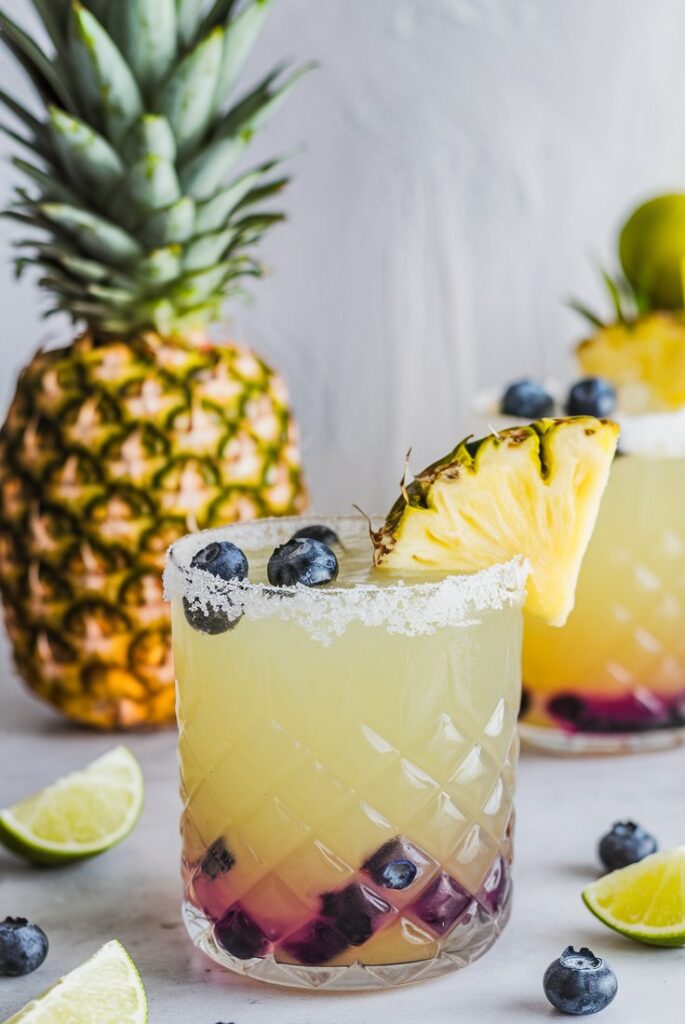 A vibrant Pineapple Blueberry Margarita served in a salt-rimmed glass, garnished with a pineapple wedge and fresh blueberries, perfect for summer.