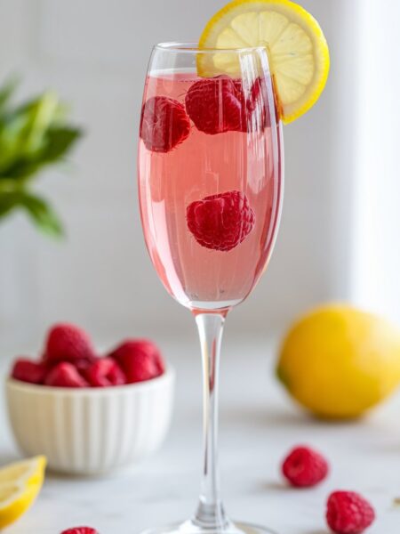 A vibrant Raspberry Limoncello Prosecco served in a tall glass with fresh raspberries and a lemon twist, perfect for summer celebrations.