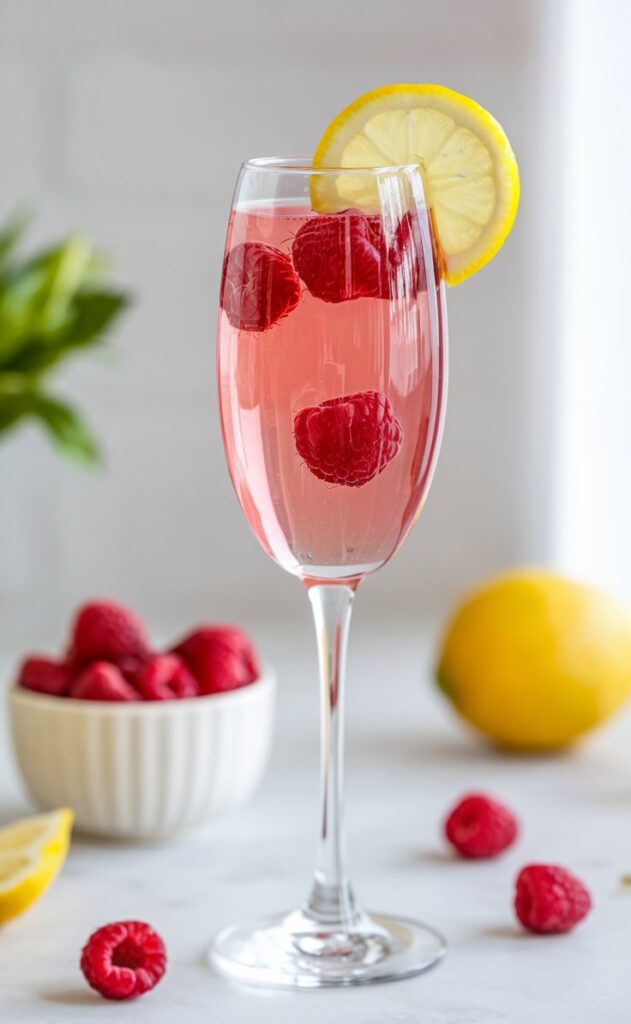 A vibrant Raspberry Limoncello Prosecco served in a tall glass with fresh raspberries and a lemon twist, perfect for summer celebrations.