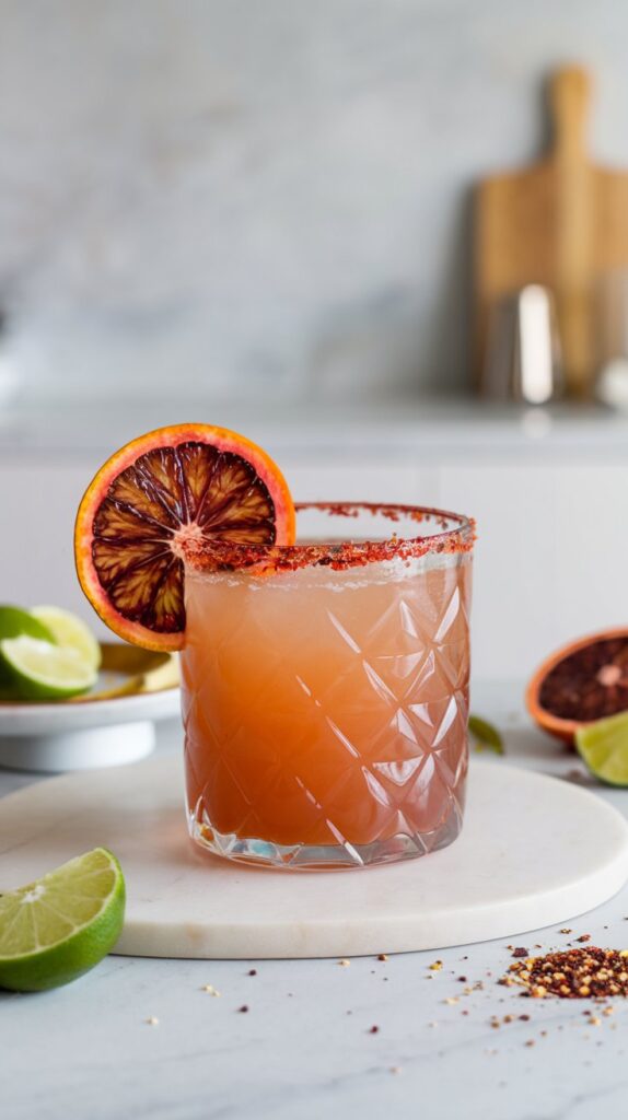 A vibrant Smoky Blood Orange Mezcal Margarita served in a chili-lime rimmed glass, garnished with a blood orange slice, perfect for summer evenings.