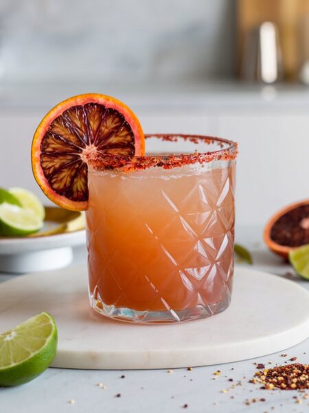 A vibrant Smoky Blood Orange Mezcal Margarita served in a chili-lime rimmed glass, garnished with a blood orange slice, perfect for summer evenings.