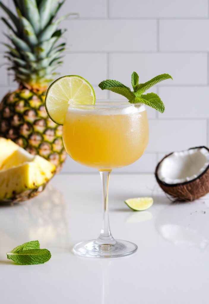 A tropical glass of Tropical Stress-Relief Drink with a golden hue, served over ice in a tall glass. The drink is garnished with a lime wedge and fresh mint, with condensation on the glass for a refreshing feel.