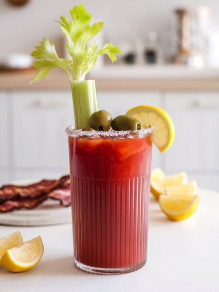 A vibrant Bloody Mary cocktail served in a tall glass with a celery stalk, olives on a skewer, and a lemon wedge garnish, set against a bright, minimal background with brunch elements.