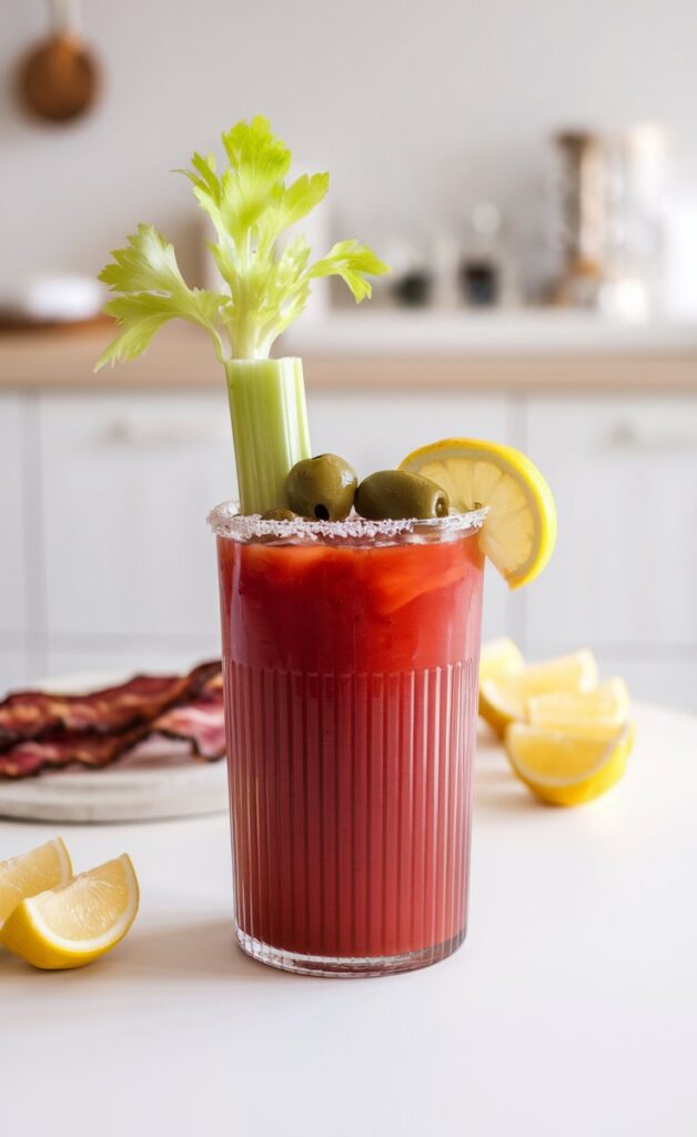 A vibrant Bloody Mary cocktail served in a tall glass with a celery stalk, olives on a skewer, and a lemon wedge garnish, set against a bright, minimal background with brunch elements.