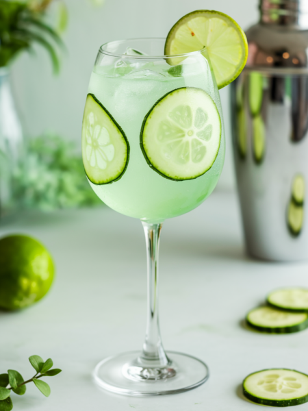 A light green Emerald Isle Spritz, served in a chilled wine glass with ice, garnished with a cucumber ribbon and a fresh lime wheel.