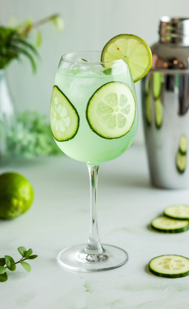 A light green Emerald Isle Spritz, served in a chilled wine glass with ice, garnished with a cucumber ribbon and a fresh lime wheel.