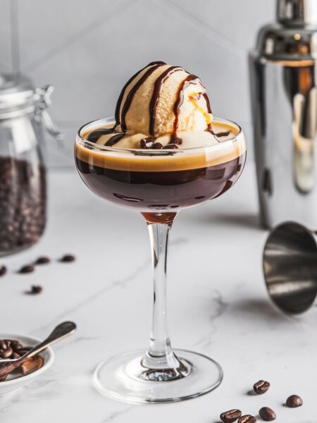 An Espresso Martini Float served in a sleek martini glass, topped with a scoop of vanilla ice cream and garnished with coffee beans. The drink has a rich, dark base with a creamy, frothy layer on top, set against a bright, minimal background.