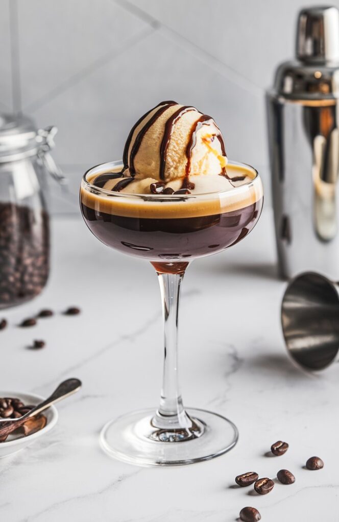 An Espresso Martini Float served in a sleek martini glass, topped with a scoop of vanilla ice cream and garnished with coffee beans. The drink has a rich, dark base with a creamy, frothy layer on top, set against a bright, minimal background.