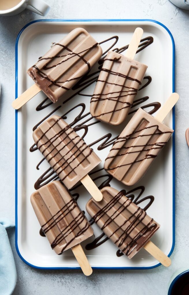 Creamy Espresso Martini Popsicles served on a tray, drizzled with chocolate and garnished with crushed espresso beans. The popsicles have a rich coffee color with a smooth, icy texture, perfect for summer parties.